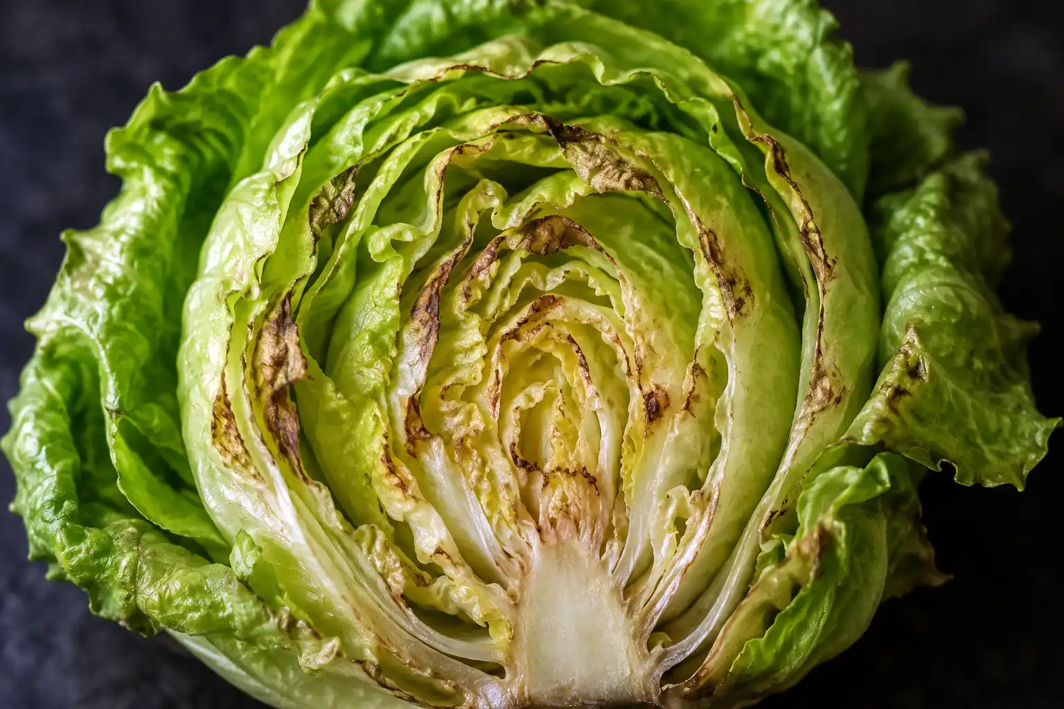 Opened lettuce head revealing brown dead tips and margins on the young inner leaves while outer leaves stay green, the pattern that follows limited calcium movement rather than low soil calcium