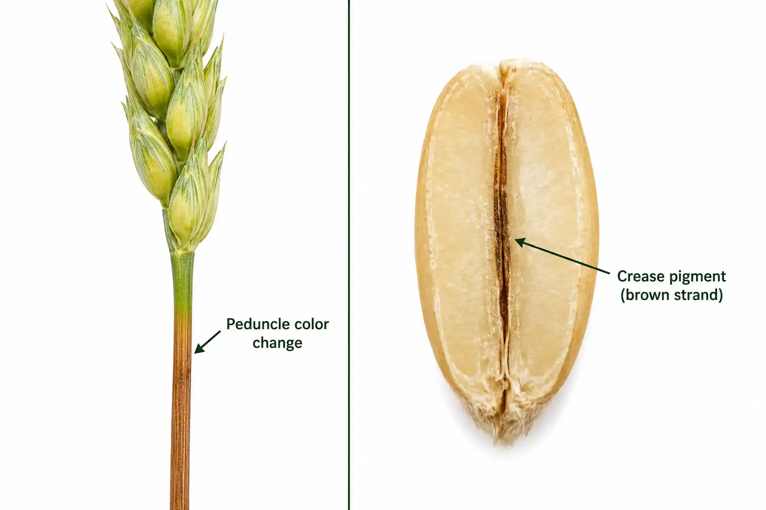 A browning peduncle and a dark pigment strand in the kernel crease both show spring wheat has reached physiological maturity.