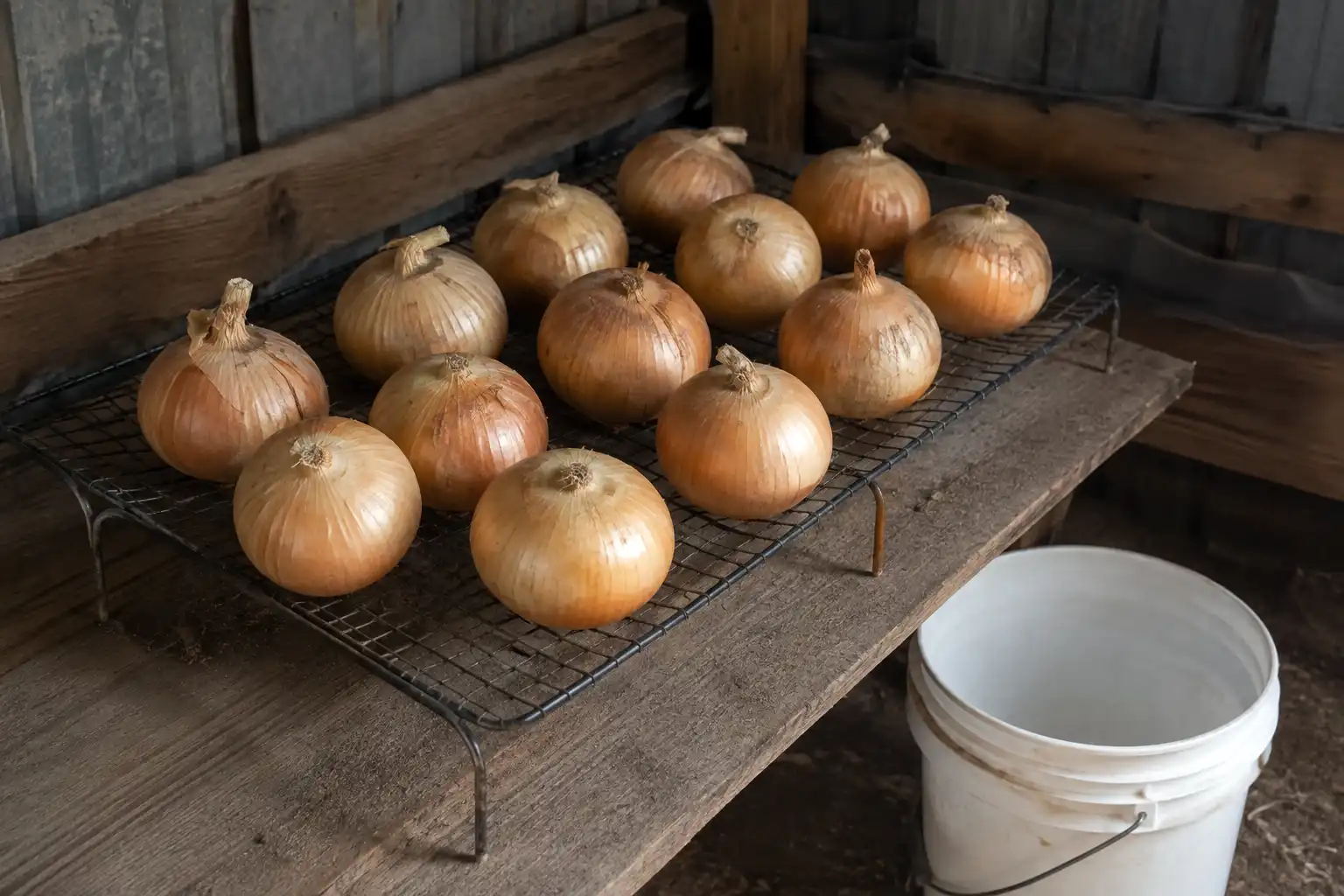 Cured yellow onions harvested from a 5 gallon bucket drying on a wire rack with papery skins