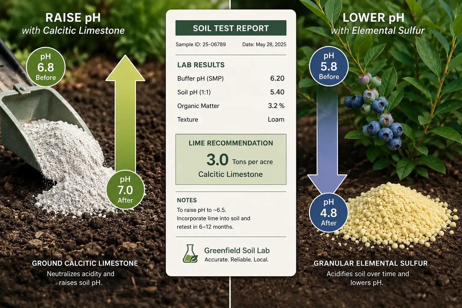 Lime raises soil pH and elemental sulfur lowers it, with the rate set by a laboratory buffer pH test rather than the meter reading alone.