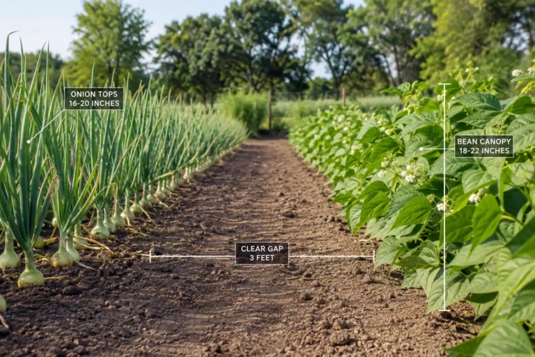 Onions and beans grow well in one garden only when kept about three feet apart, with onions in open sun and the bean row set well back