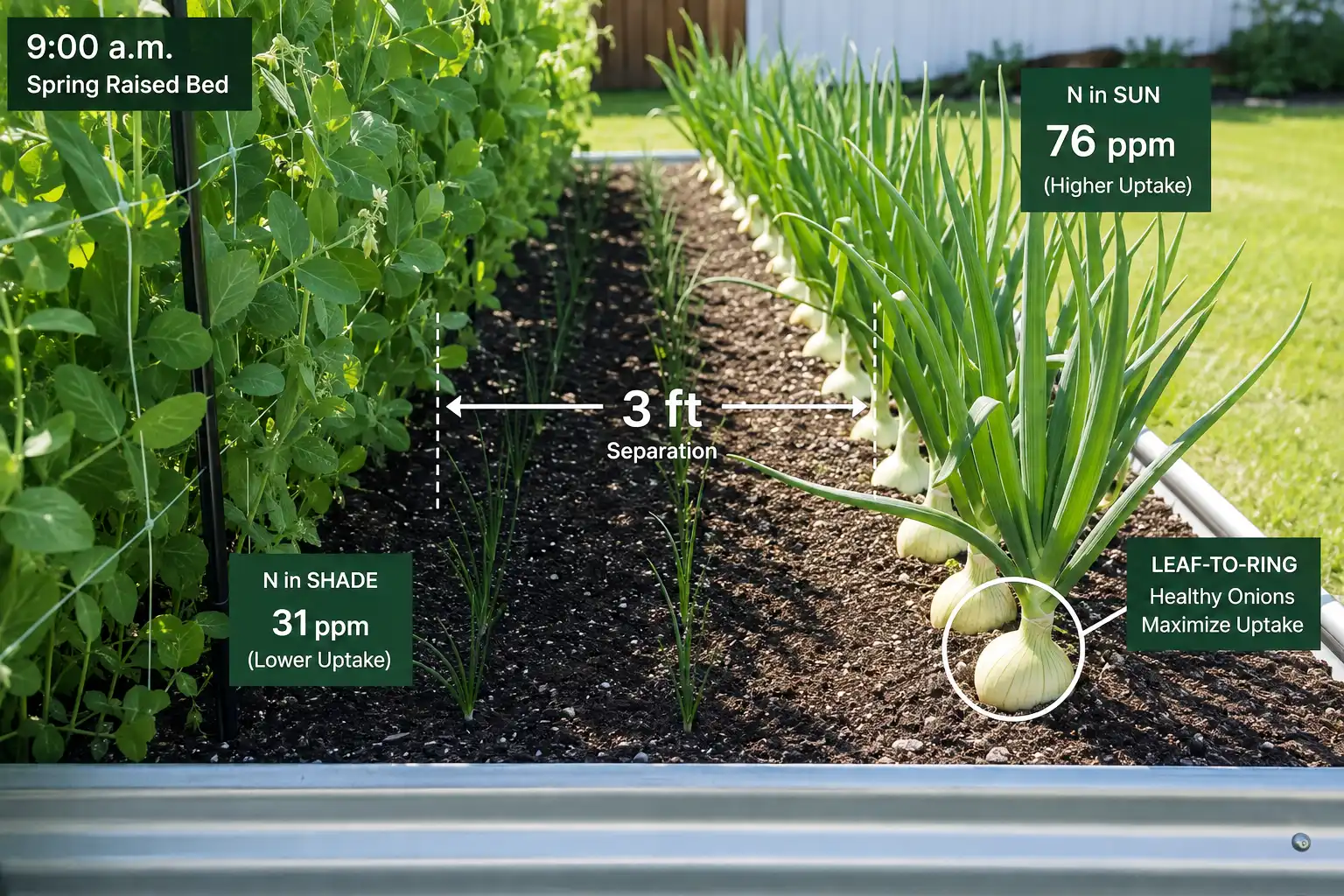 Pea vines shade the onion row and hold bulbs small, so leaving three feet of open ground between the trellis and the first onion row lets onions build the leaves that set bulb size.