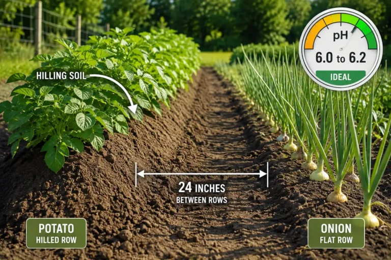 Onions and potatoes grow well in one garden when set in separate rows about 24 inches apart, since the soil pulled up onto a potato ridge would bury shallow onion bulbs