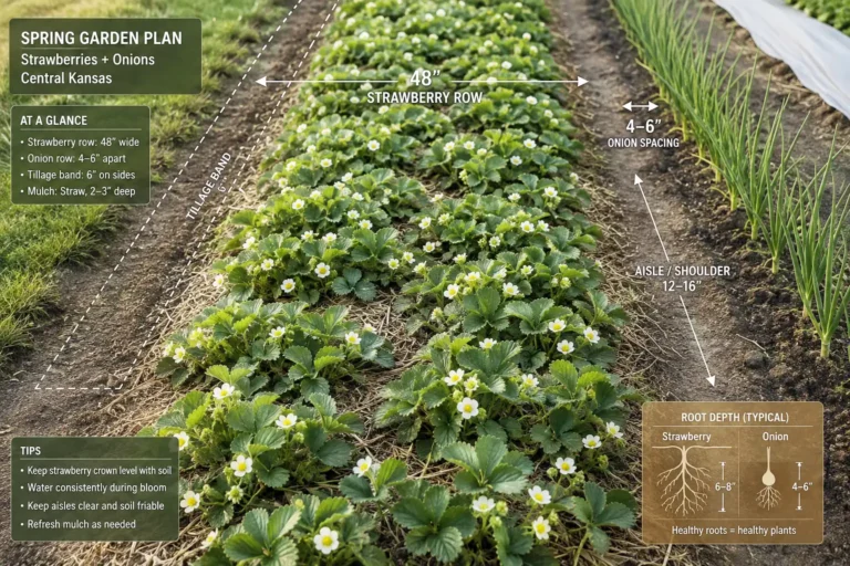 Onions and strawberries share one bed when the onion row sits on the aisle shoulder about 12 inches outside the strawberry matted row, clear of runners and renovation tillage