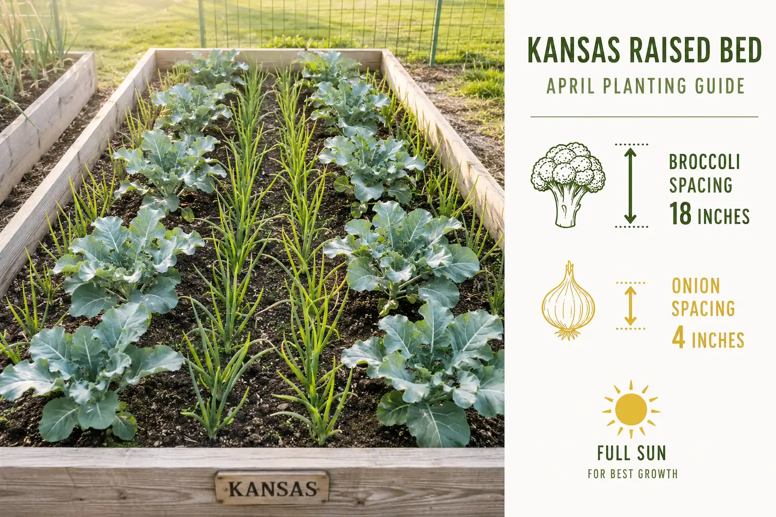 Broccoli and onions share one bed well when onions fill the open soil between broccoli plants spaced 18 inches apart, with both crops keeping full sun.