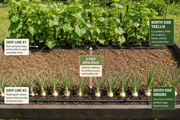 Onions and cucumbers share one bed well when the onion rows sit three feet south of a trellised cucumber panel, with separate drip lines and full sun on the bulbs