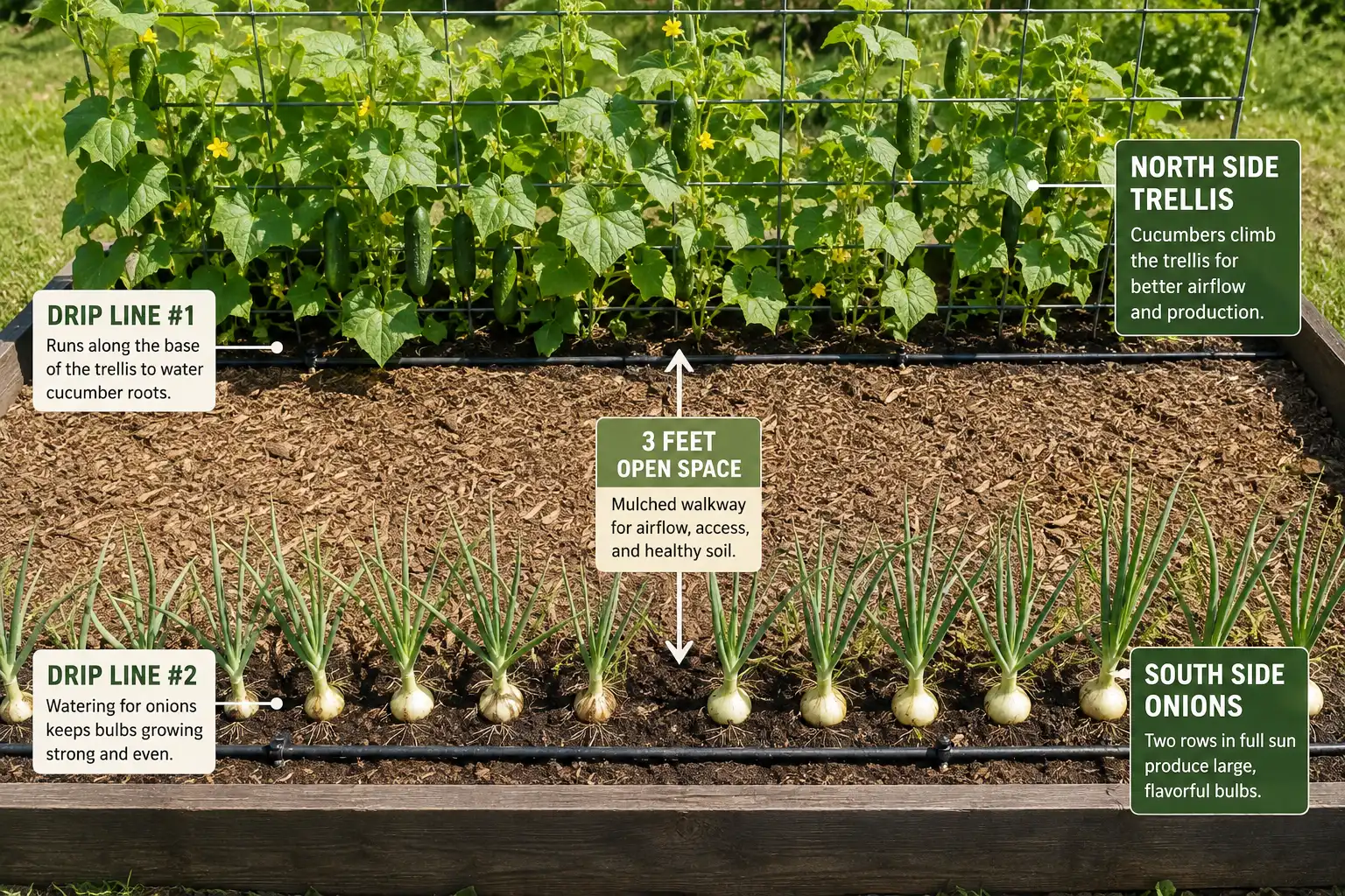 Onions and cucumbers share one bed well when the onion rows sit three feet south of a trellised cucumber panel, with separate drip lines and full sun on the bulbs
