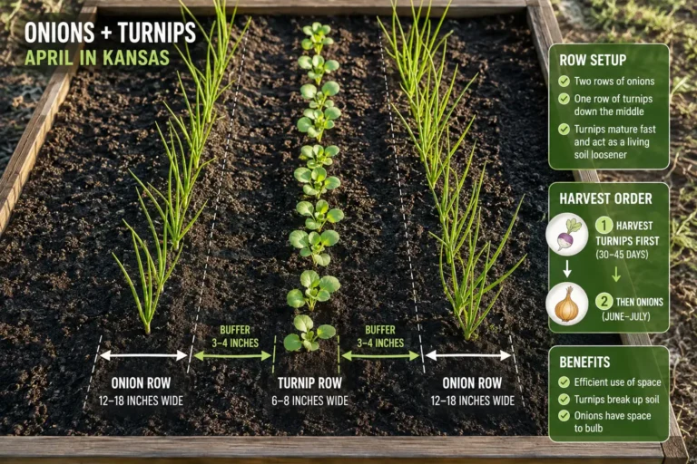 Turnips and onions share one bed when a single turnip row sits between onion rows set 15 to 18 inches apart and the turnips come out before the onions start bulbing