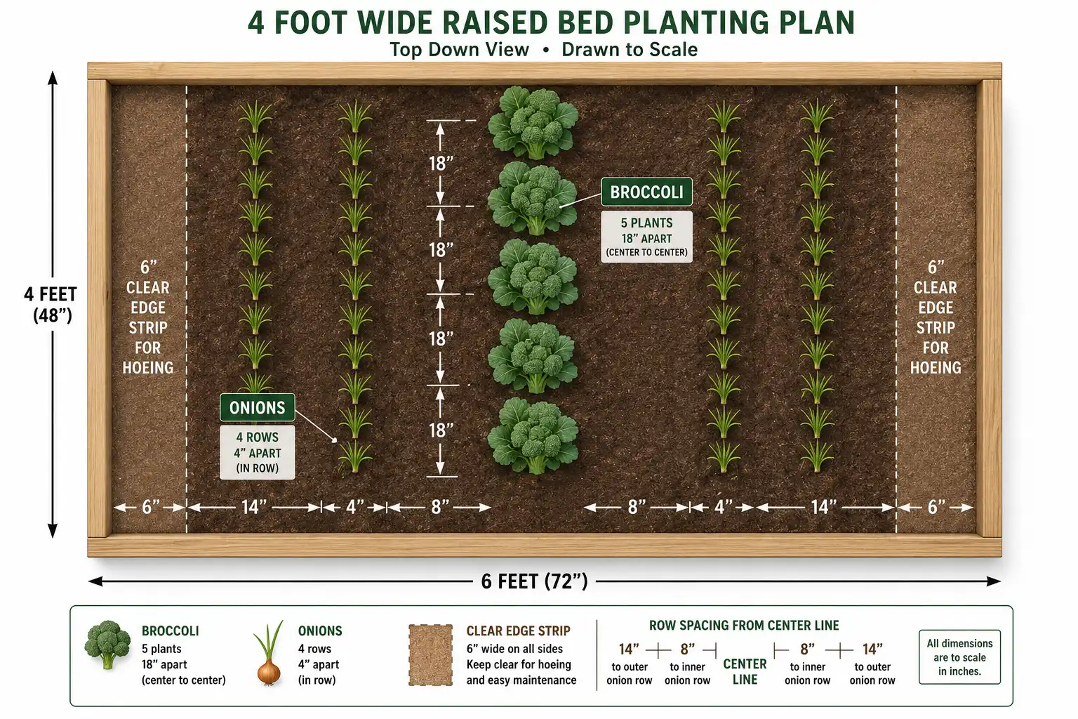 Scale layout of a 4 foot bed with one center broccoli row spaced 18 inches and four onion rows spaced 4 inches, set 8 and 14 inches out from center.