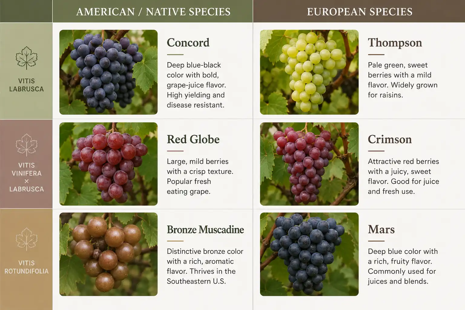 Concord, Fredonia, Red Globe, and Carlos carry hard seeds, while Mars, Reliance, Thompson, Crimson, and Razzmatazz are seedless cultivars