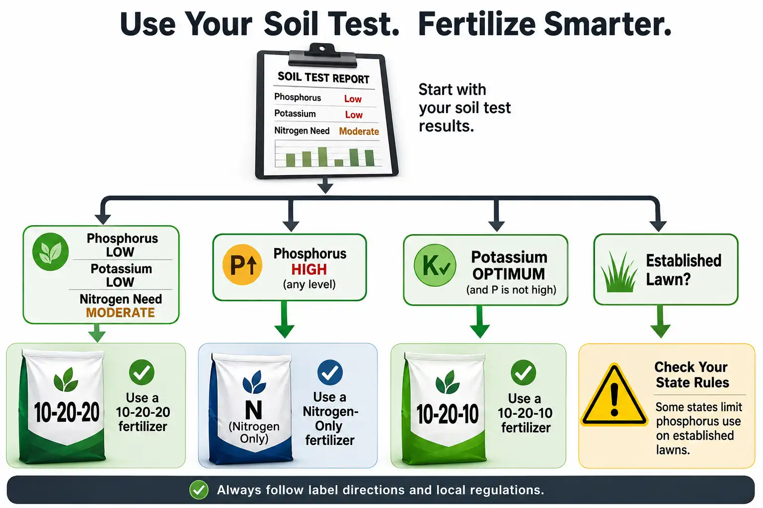 Decision chart of 10-20-20 fertilizer fits soils testing low in both phosphorus and potassium, with alternatives when either nutrient already tests high.