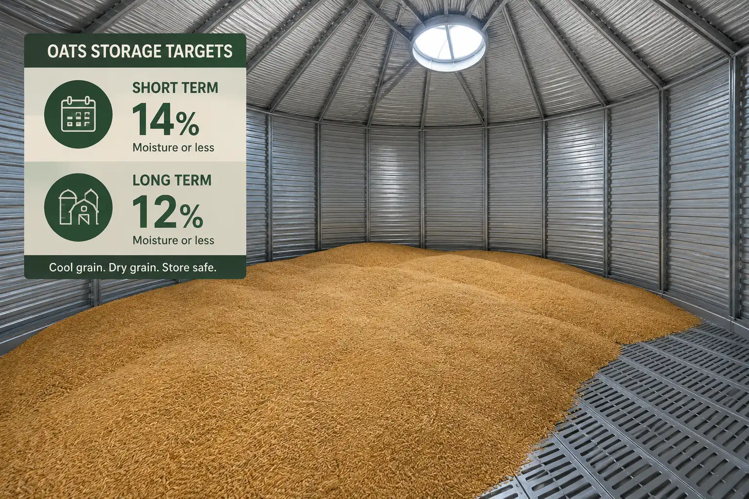Oats store safely at 14 percent moisture short term and 12 percent for long term storage in an aerated bin.