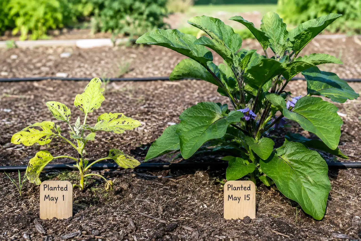 Eggplant set into cold soil stays small and beetle chewed while a later planting grows past it