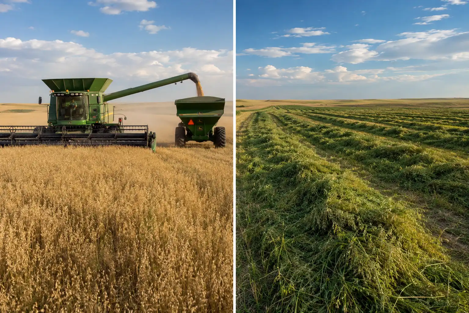 Oats serve as both a grain crop taken by combine and a forage crop cut for hay, which is why US seeded oat acres run far above acres harvested for grain
