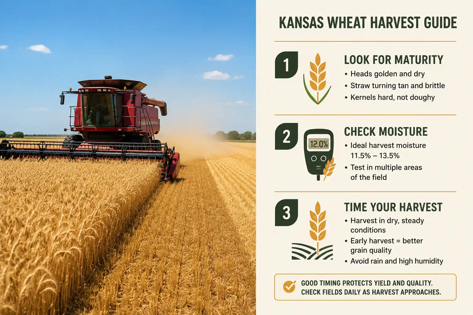Winter wheat comes off from late May through July and spring wheat from August into September, cut near 13 percent grain moisture