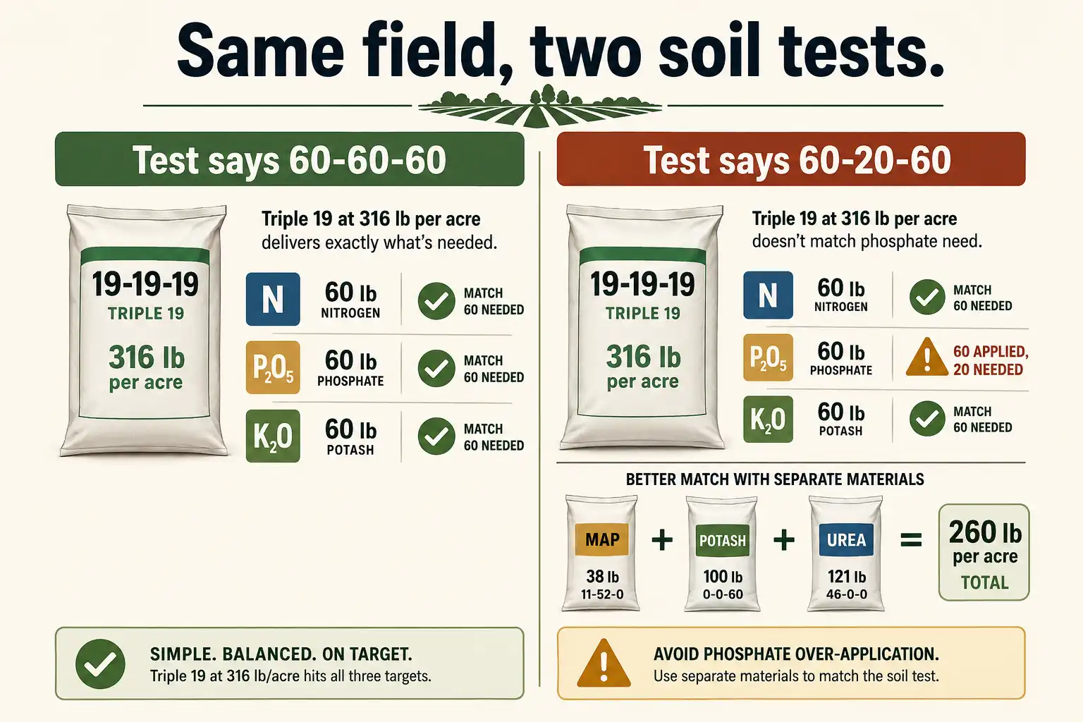 Comparison about 316 pounds of triple 19 fits a 60-60-60 soil test, but separate materials at 260 pounds fit a 60-20-60 test without overapplying phosphate
