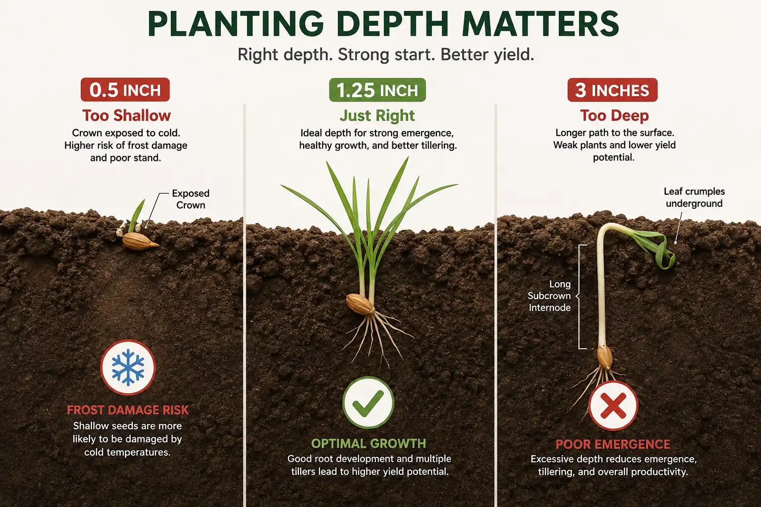 Wheat at 1.25 inches emerges strong with tillers, while 0.5 inch leaves the crown exposed to frost and 3 inches leaves the first leaf crumpling underground.