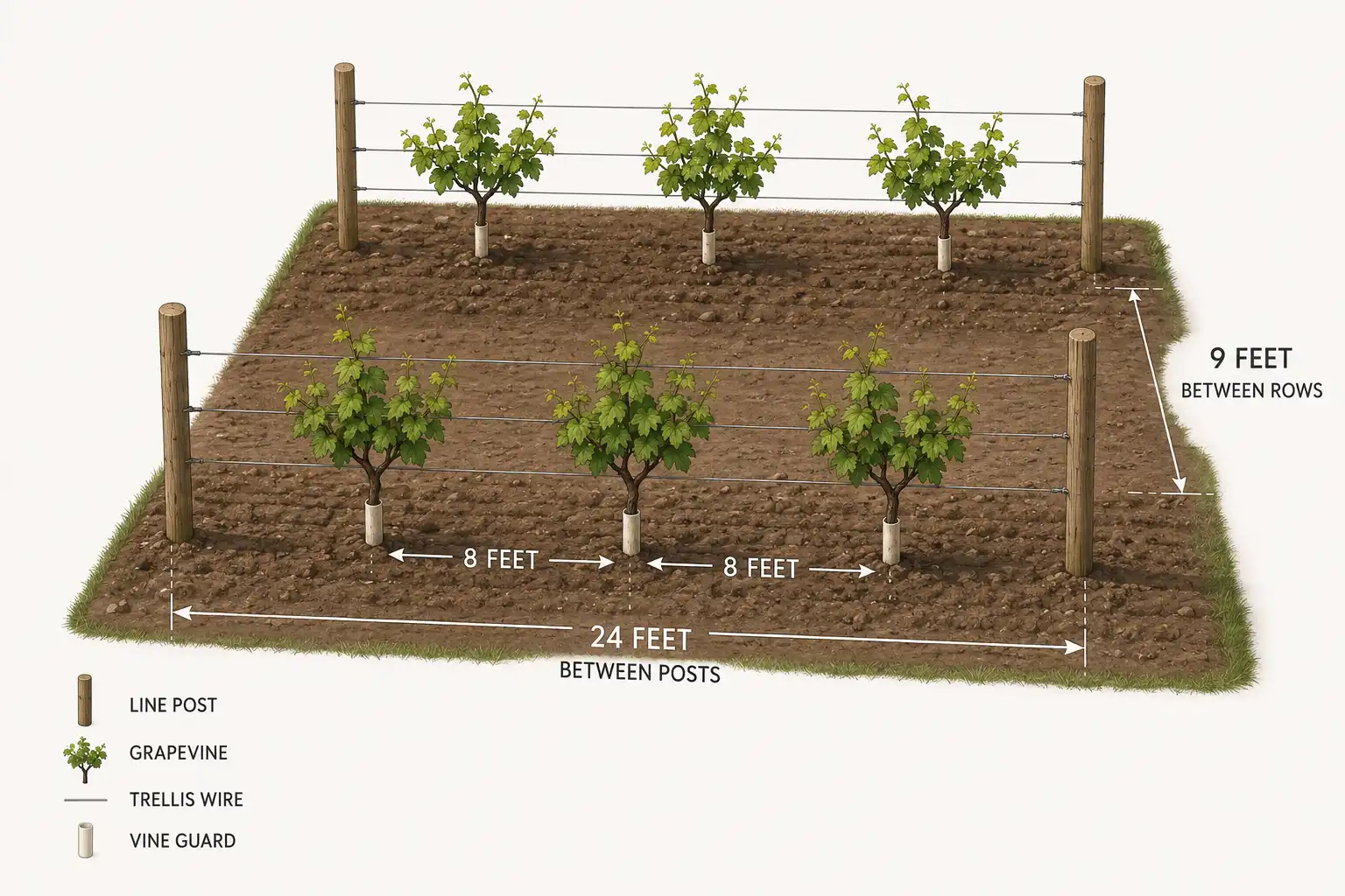Concord vines sit 7 to 8 feet apart with 9 feet between rows, and line posts stand 24 feet apart with three vines between each pair