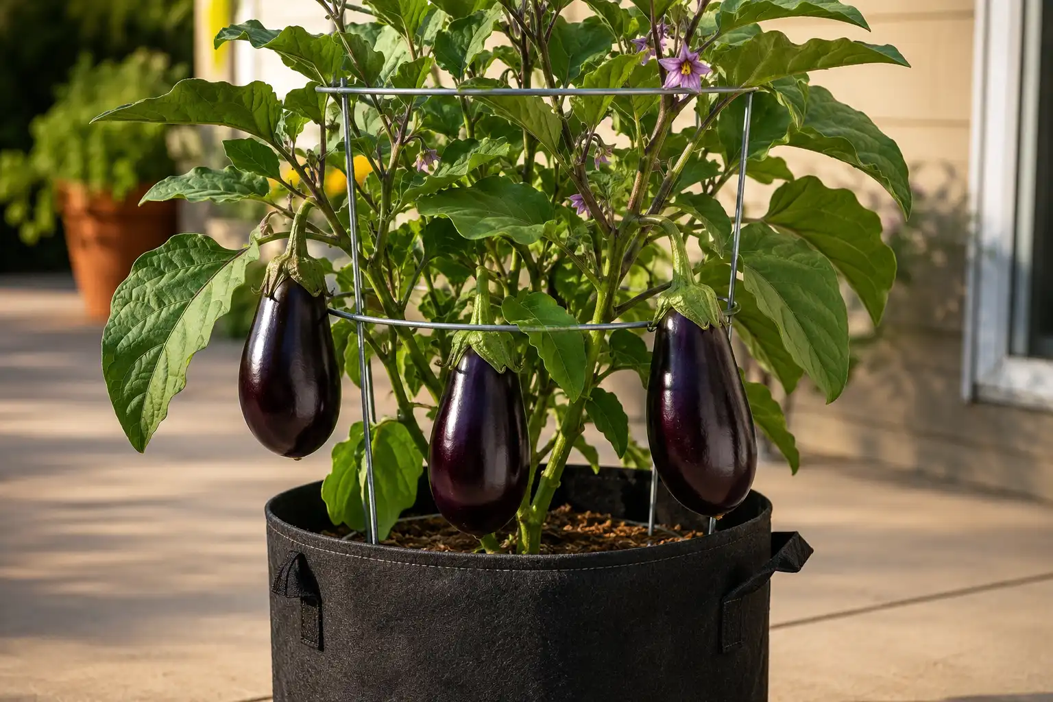 A purple eggplant in a ten gallon fabric pot growing inside a galvanized wire cage, with three glossy fruits hanging clear of the container rim.