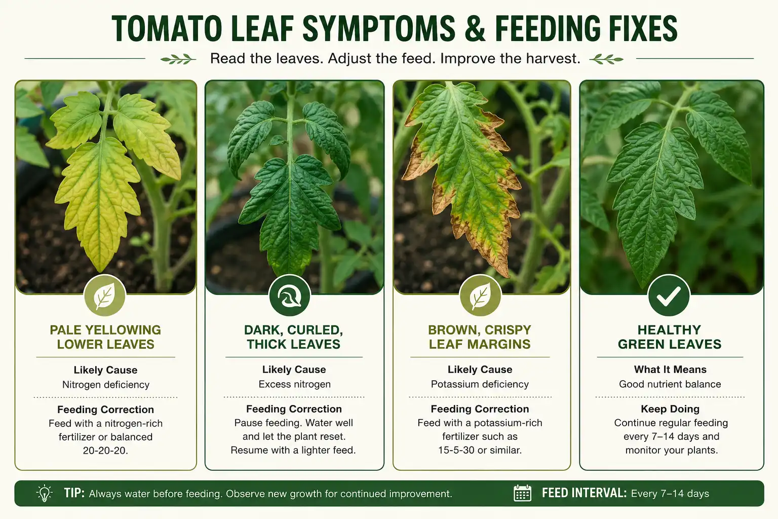 Pale lower leaves mean feed now, dark curled leaves mean skip a feed, crispy margins mean flush the pot, and even green color means hold the schedule