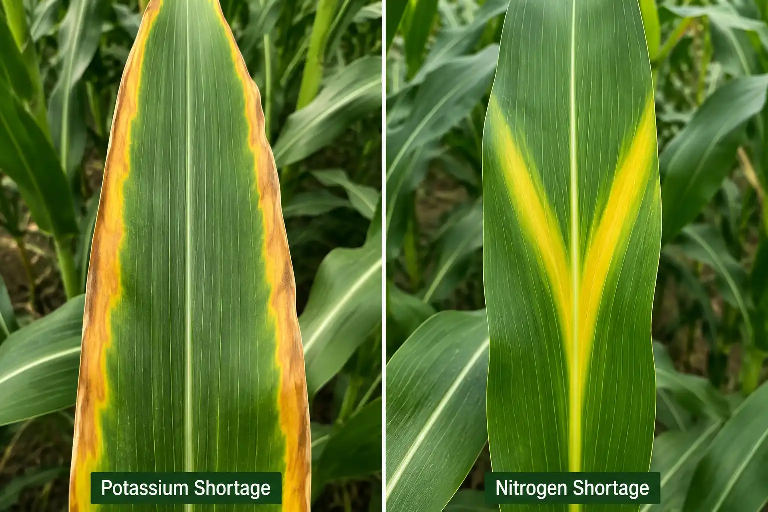 Two corn leaves side by side, one with yellow scorched outer edges from potassium shortage and one with a yellow V down the midrib from nitrogen shortage