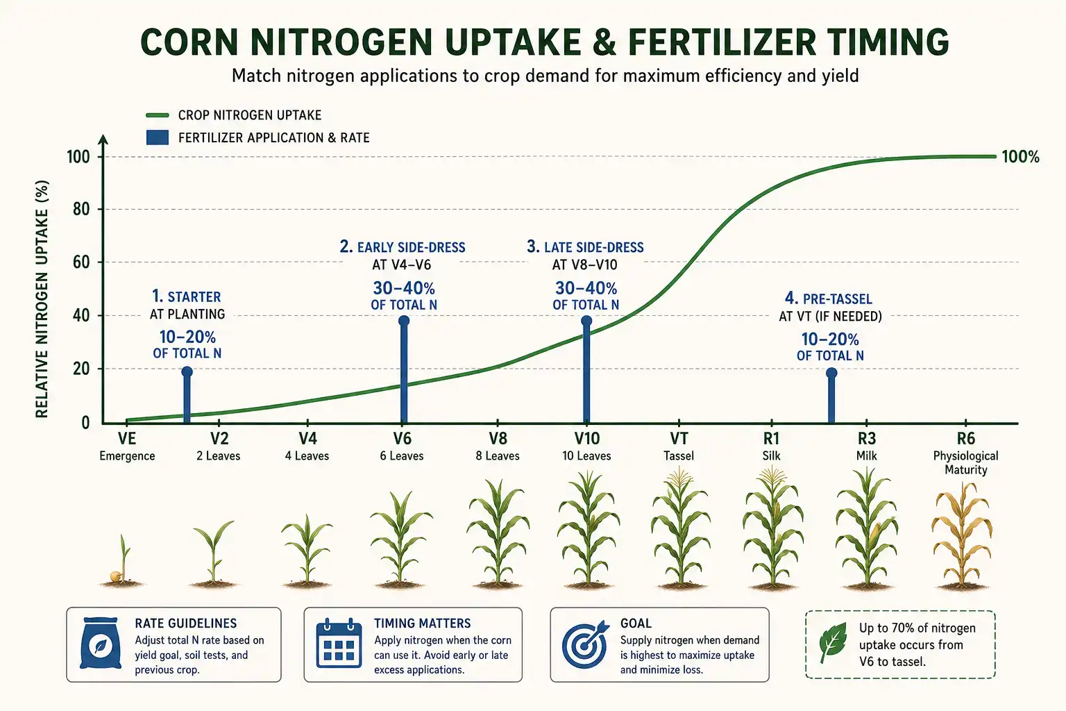 Nitrogen uptake curve for corn with application bars placed at planting, V4 to V8, and pre-tassel to match peak demand