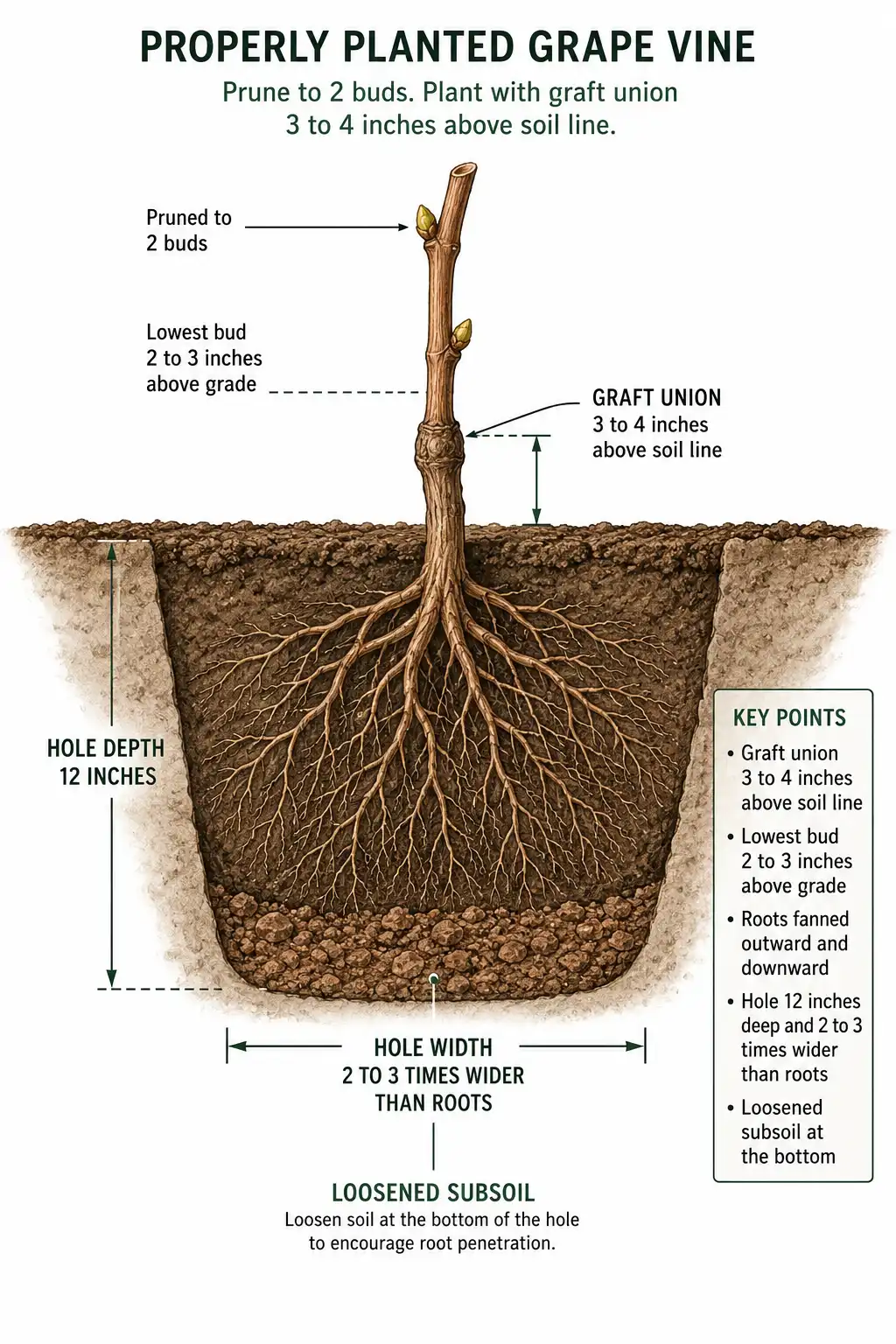 Cutaway diagram of how to plant grapes at the right depth, with roots spread wide, the graft union above soil, and the cane cut back to two buds.