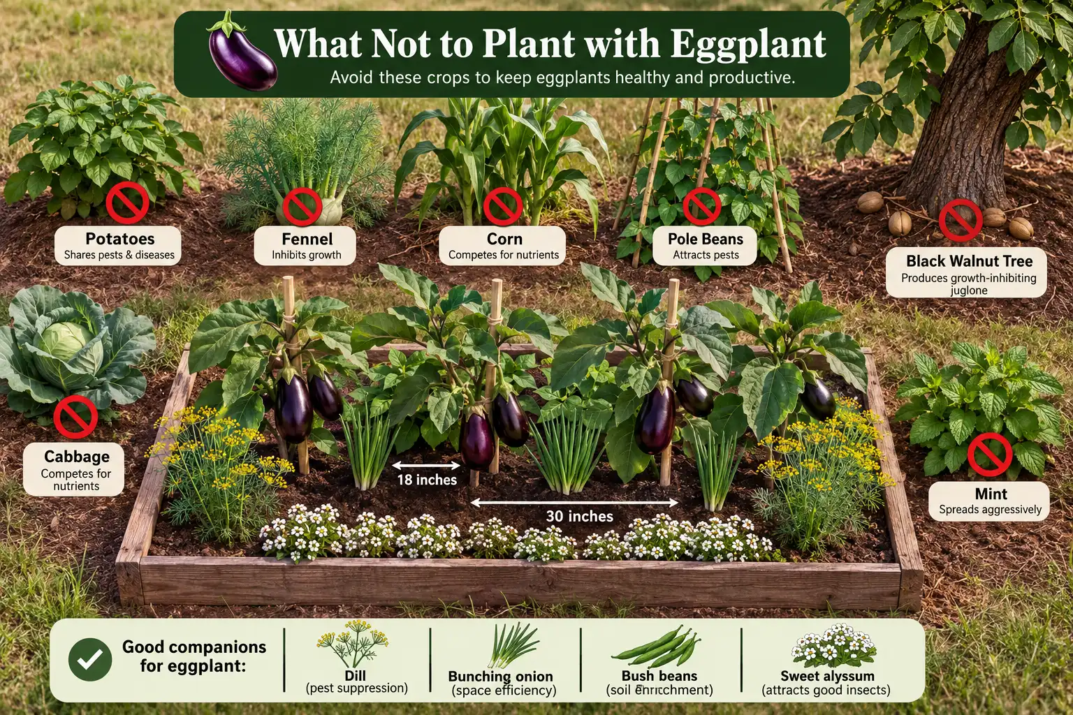 Diagram of potatoes, fennel, corn, pole beans, cabbage, mint, and black walnut marked as poor eggplant neighbors, each with the reason listed