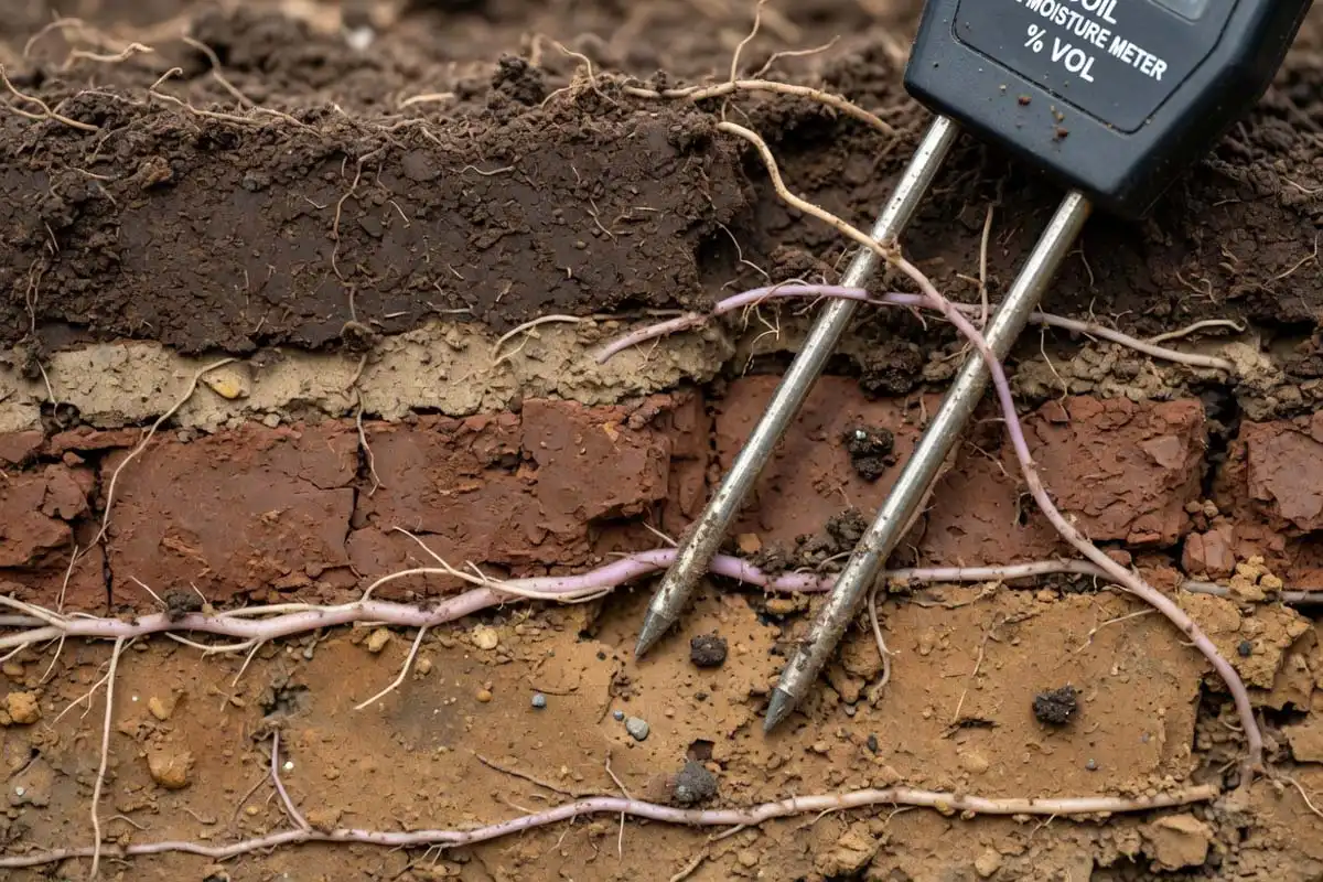 A capacitance probe works by measuring how the surrounding soil stores electrical charge, which rises as water content rises.