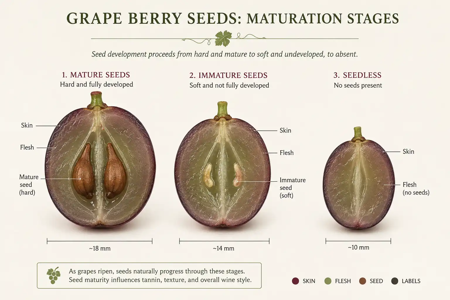 A seeded berry holds hard mature seeds, a stenospermocarpic berry holds soft aborted seed traces, and a parthenocarpic berry holds nothing at all