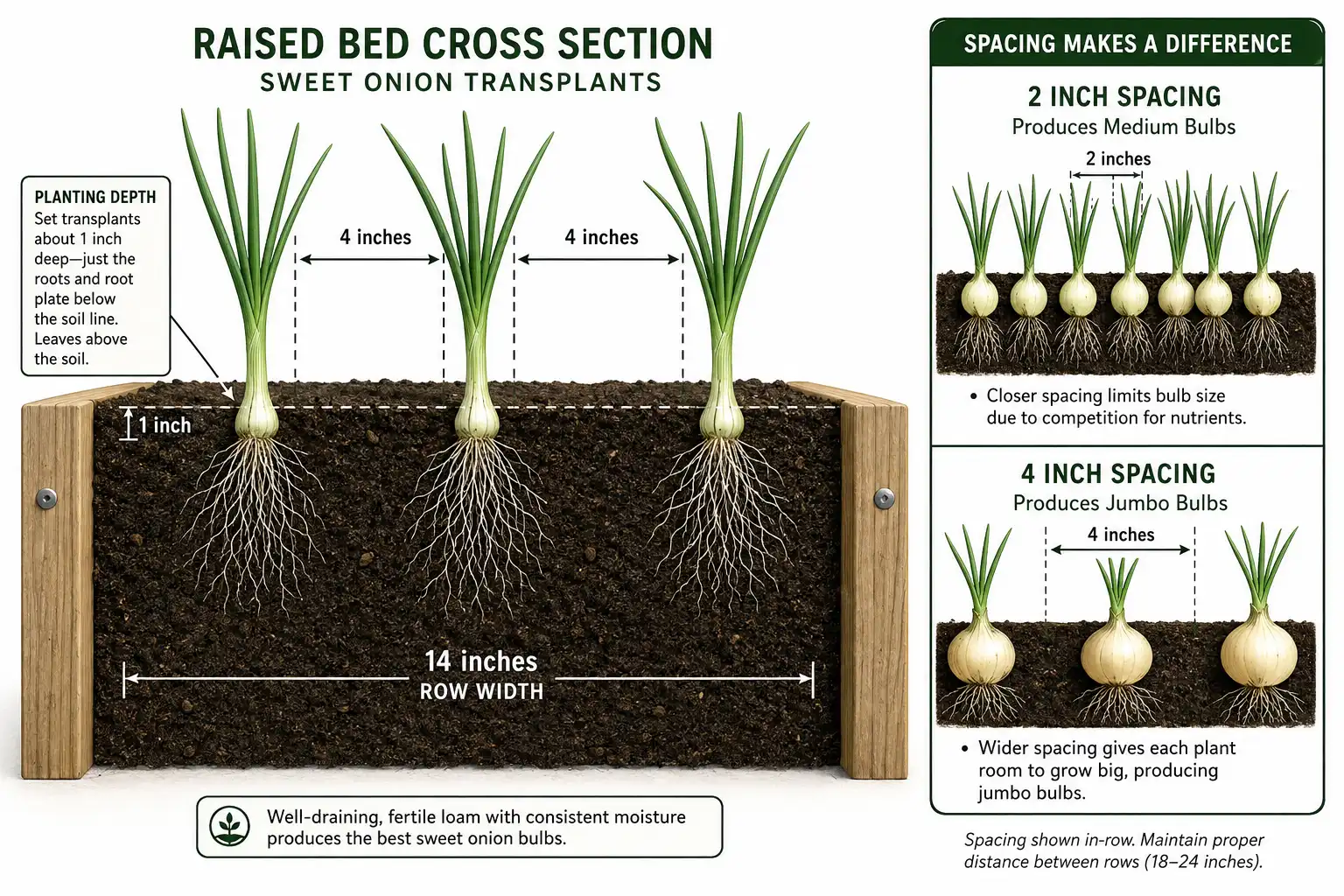 Sweet onion transplants go 1 to 1.5 inches deep and 4 inches apart in rows 12 to 16 inches wide, and widening in-row spacing from 2 inches to 4 inches trades total plant count for jumbo bulbs