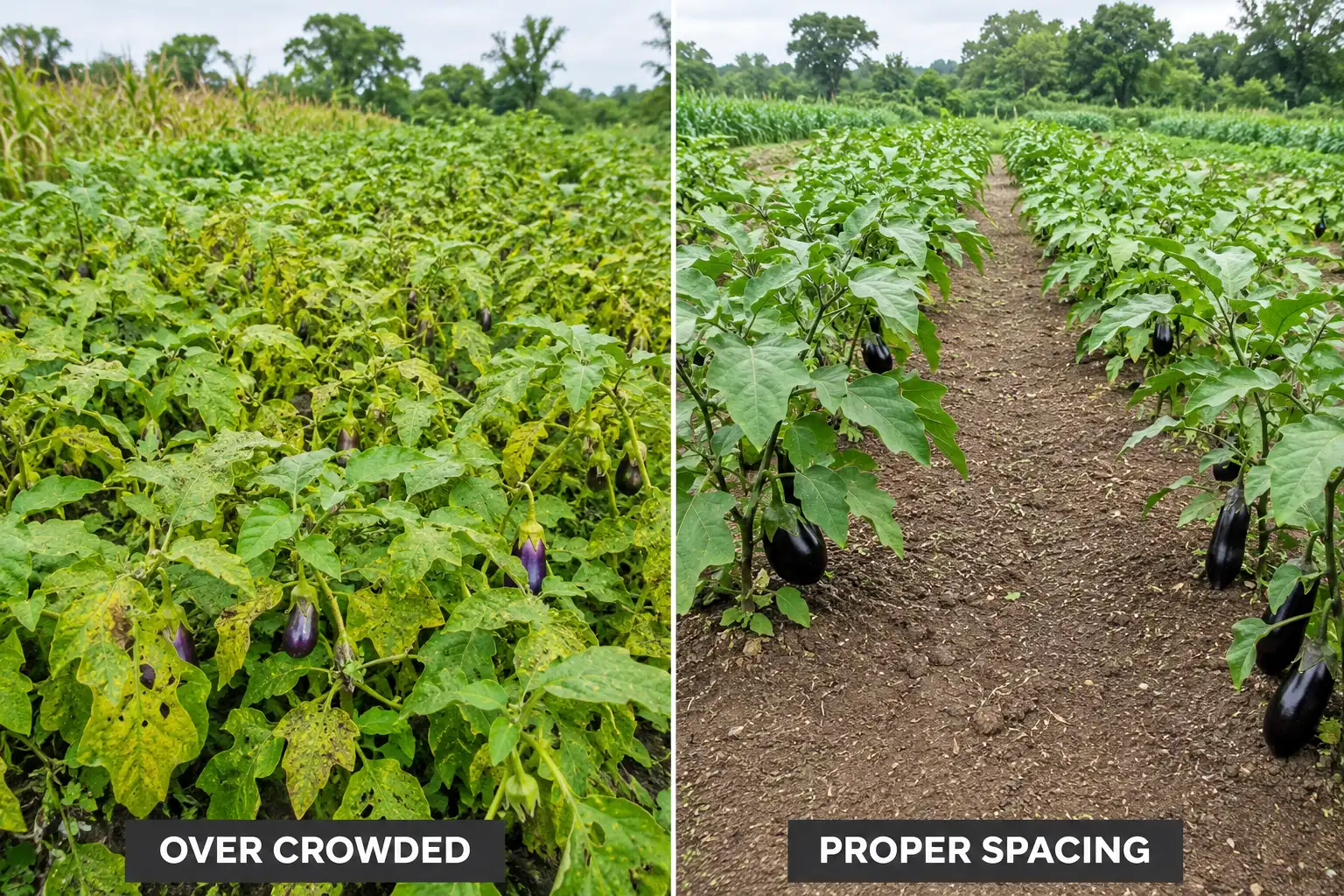 Side by side comparison showing undersized fruit and yellowing leaves in crowded eggplant next to full sized fruit in properly spaced plants