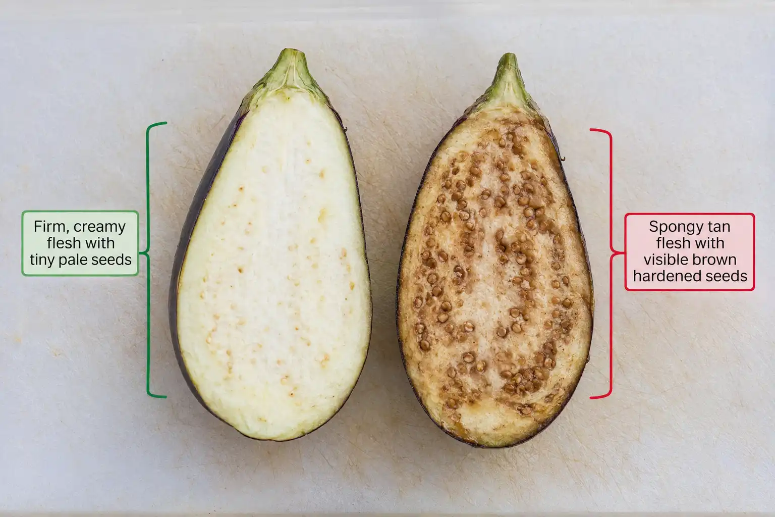 Pale soft seeds in firm white flesh mean the fruit is at eating stage, while brown hardened seeds in spongy tan flesh mean it stayed on the plant too long