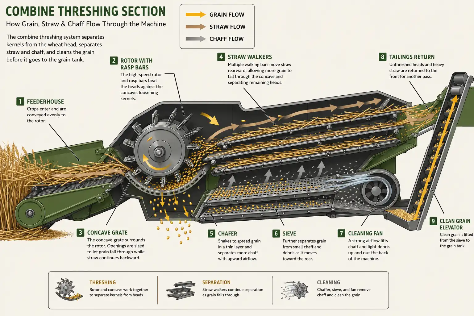 Inside a combine the rotor rubs wheat against the concave to free kernels, grain falls through the concave slots to the cleaning shoe, and straw carries on to the walkers while tailings return for a second pass