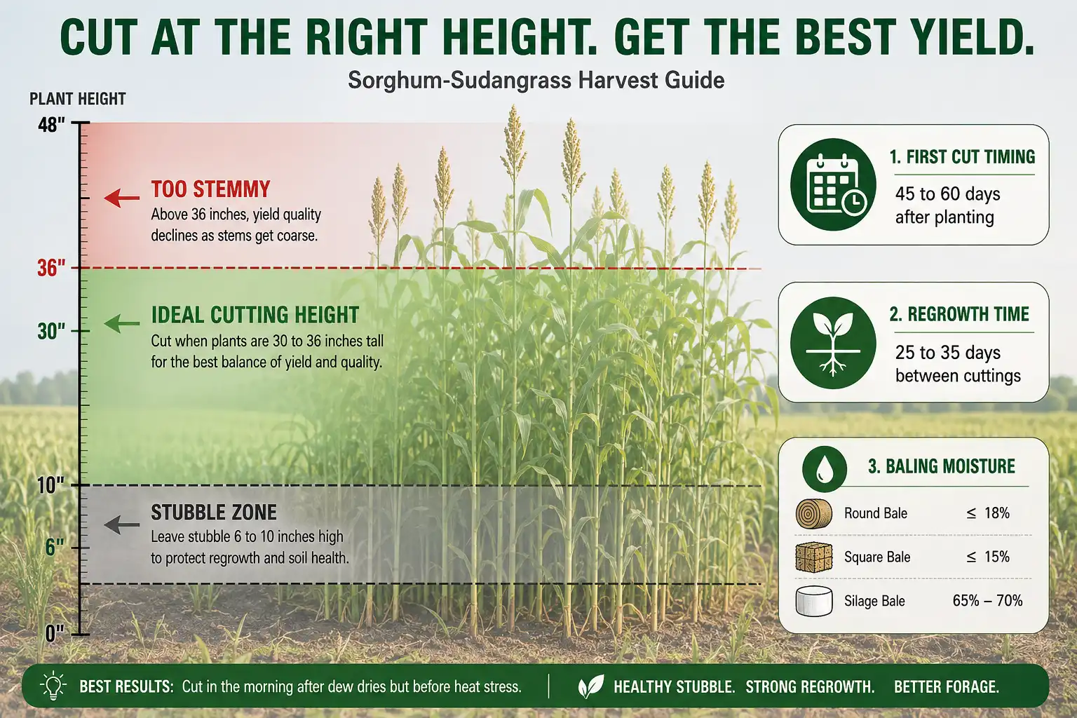Sorghum-sudan grass is cut in a 30 to 36 inch band at late boot, left at 6 to 10 inches of stubble, and cut again after 25 to 45 warm days.