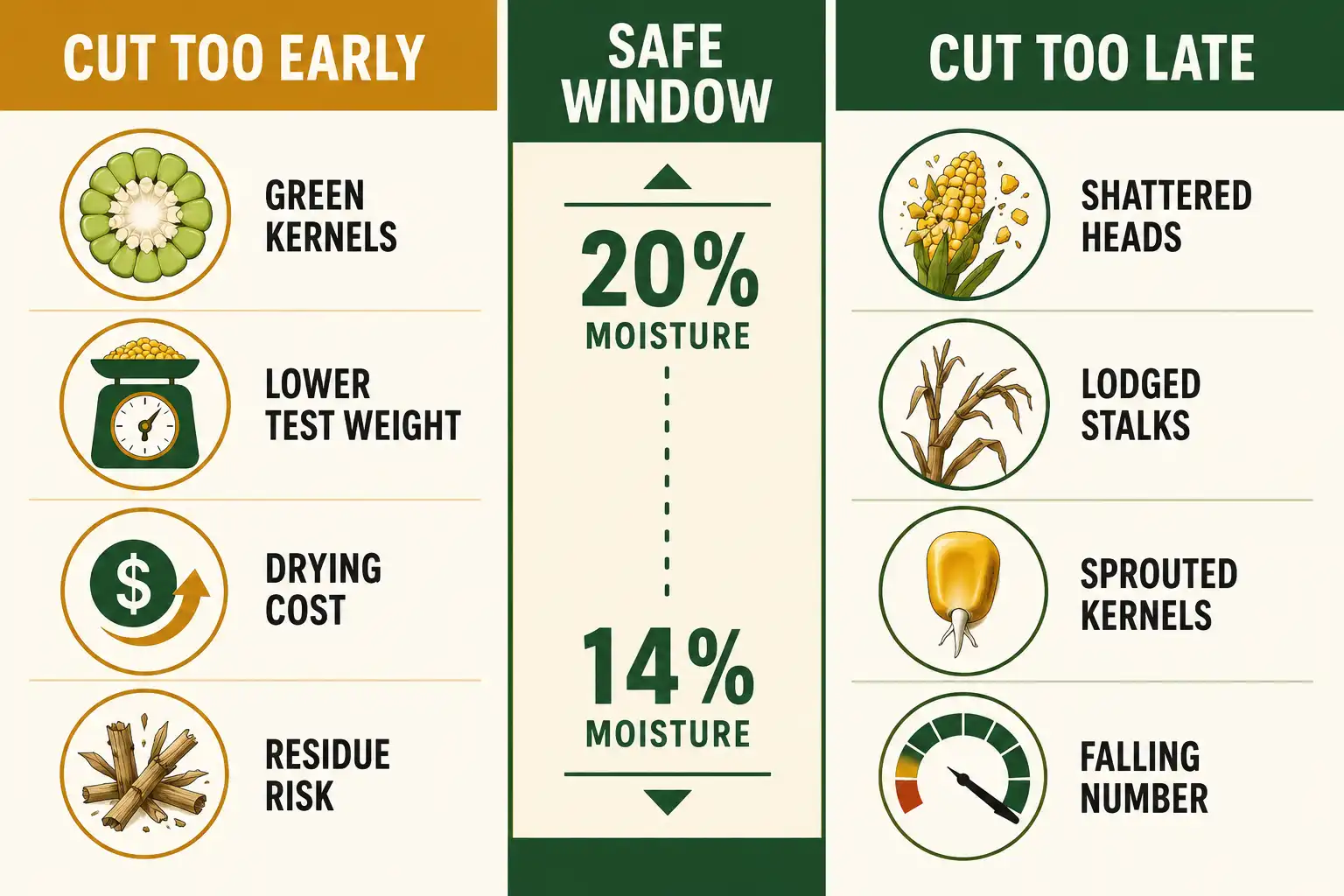 Cutting spring wheat early costs test weight and drying dollars, while cutting late brings shattering, lodging, and sprout damage.