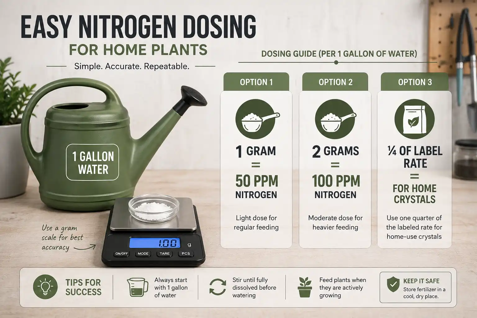 One gram of balanced soluble fertilizer per gallon delivers about 50 ppm nitrogen, and two grams delivers about 100 ppm, the safe ceiling for plug trays