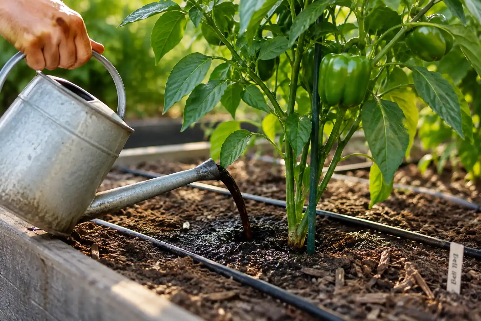 Peppers take about two cups of diluted 5-1-1 solution poured at the drip line rather than over the leaves, applied every three weeks until the first fruit sets