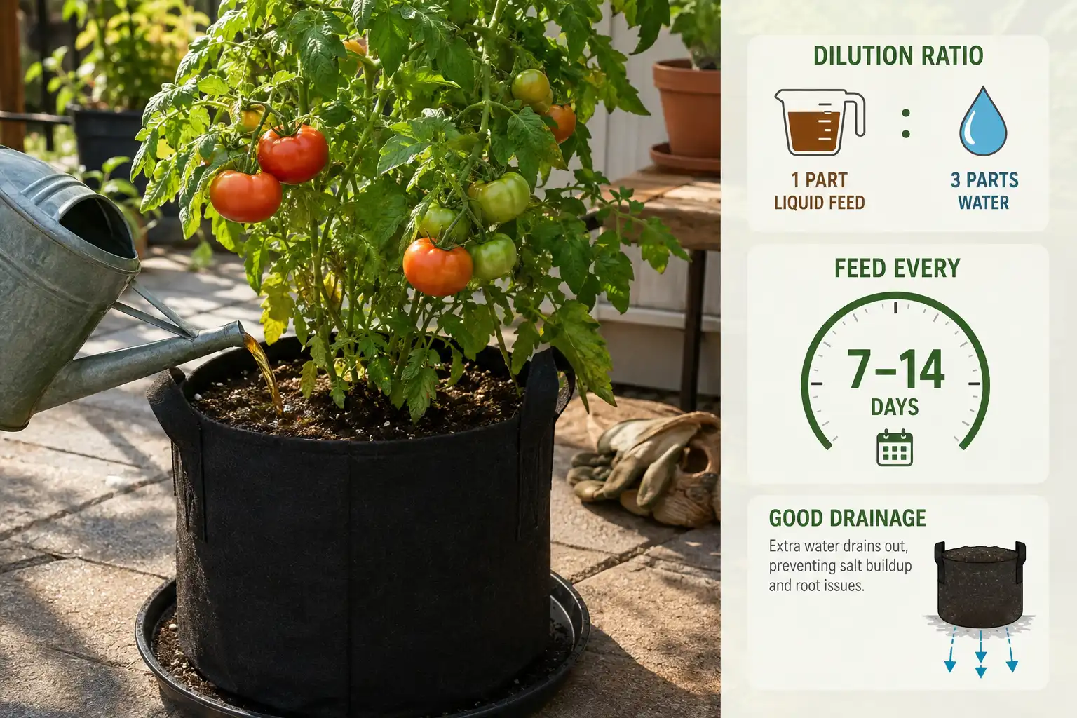 Container tomatoes take a diluted liquid feed every seven to fourteen days at about one tablespoon per gallon, because frequent watering washes nutrients out the bottom of the bag