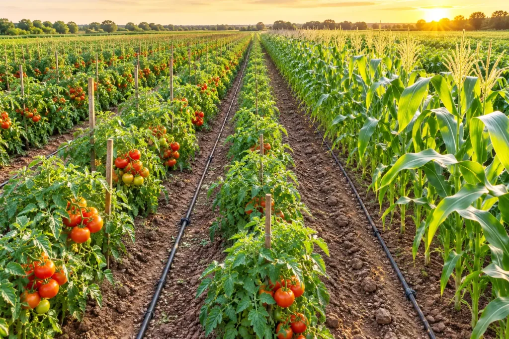Crop rows of tomatoes and sweet corn separated by drip irrigation lines in an open field