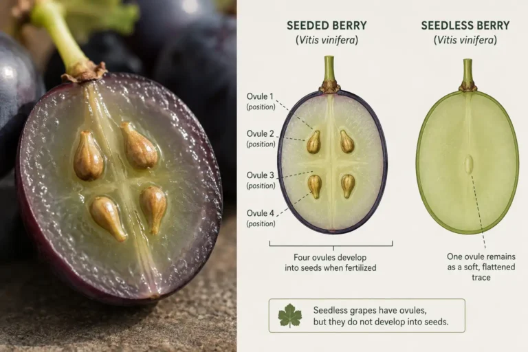 A grape berry holds one to four hard seeds formed from four ovules in the flower, while a seedless grape holds only a soft, edible seed trace