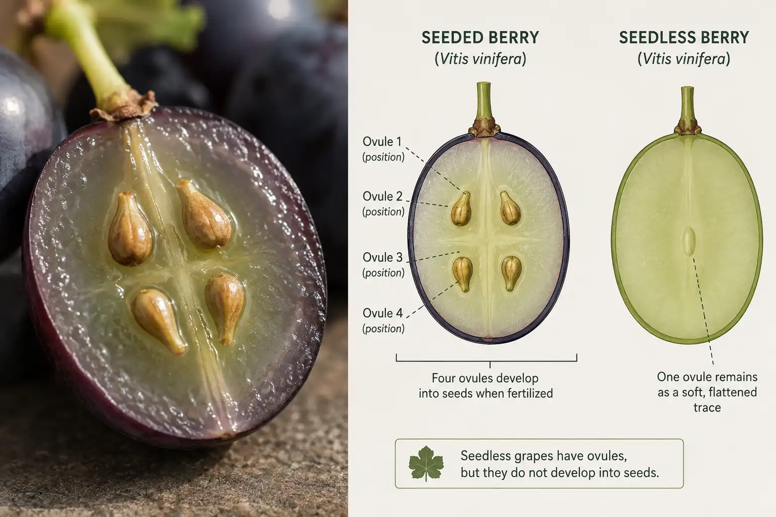 A grape berry holds one to four hard seeds formed from four ovules in the flower, while a seedless grape holds only a soft, edible seed trace