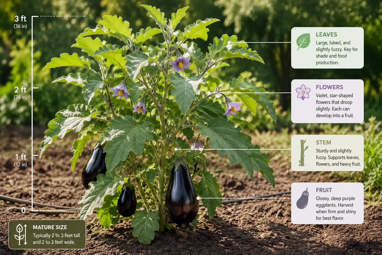 Bushy eggplant plant near three feet tall with lobed gray green leaves, violet star shaped flowers, and glossy dark purple fruit labeled on the plant