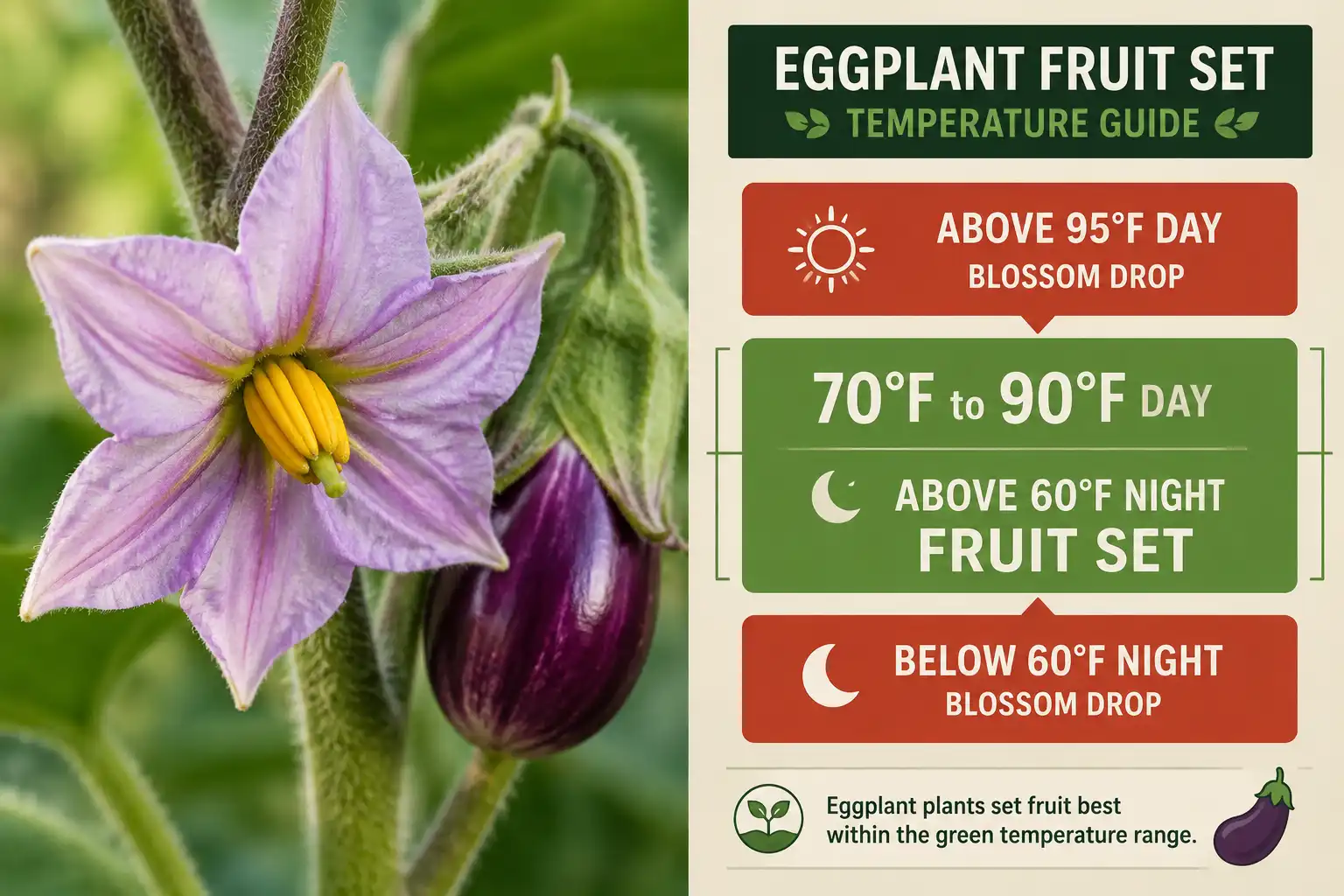 Lavender eggplant blossom next to a chart showing fruit set between 70 and 90 degrees, with blossom drop above 95 degrees or below 60 degrees at night.