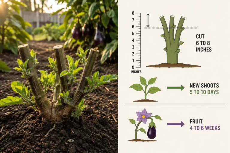 An eggplant plant cut to seven inches above the soil with new shoots breaking from leaf axils, alongside a panel showing the 6 to 8 inch cut line, shoots in 5 to 10 days and fruit in 4 to 6 weeks