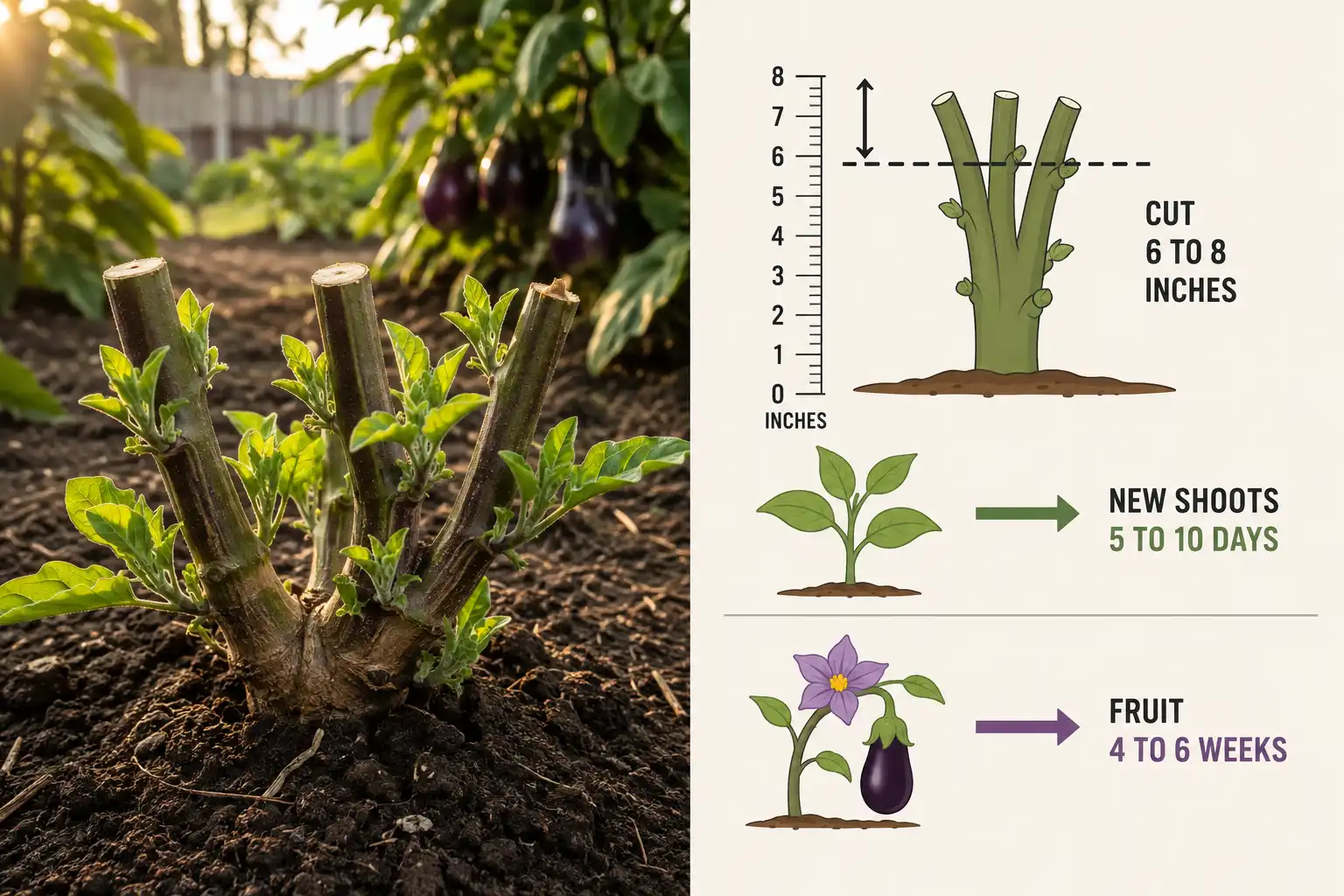 An eggplant plant cut to seven inches above the soil with new shoots breaking from leaf axils, alongside a panel showing the 6 to 8 inch cut line, shoots in 5 to 10 days and fruit in 4 to 6 weeks