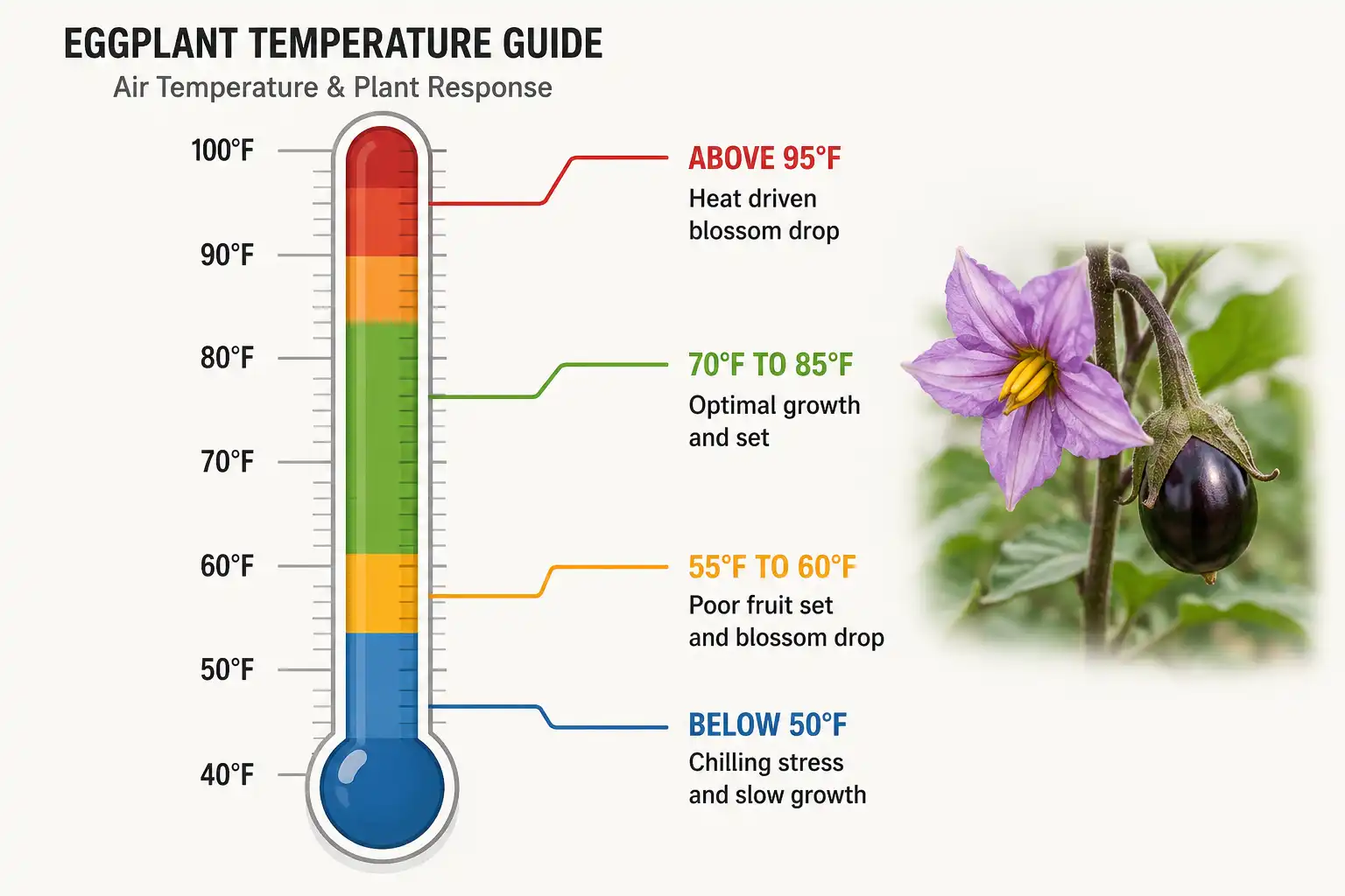 Eggplant sets fruit best between 70°F and 85°F with night temperatures above 60°F, while blossoms drop below 60°F and above 95°F.