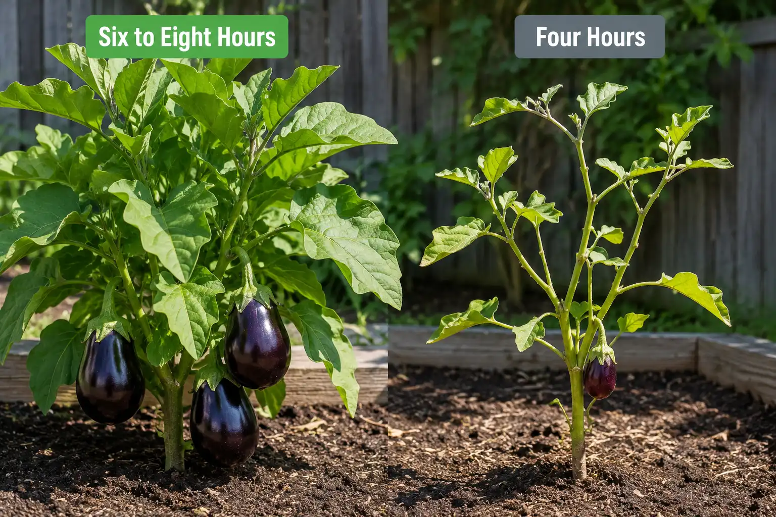 Full sun eggplant with thick stems and glossy fruit next to a shaded eggplant with stretched stems and one small dull fruit