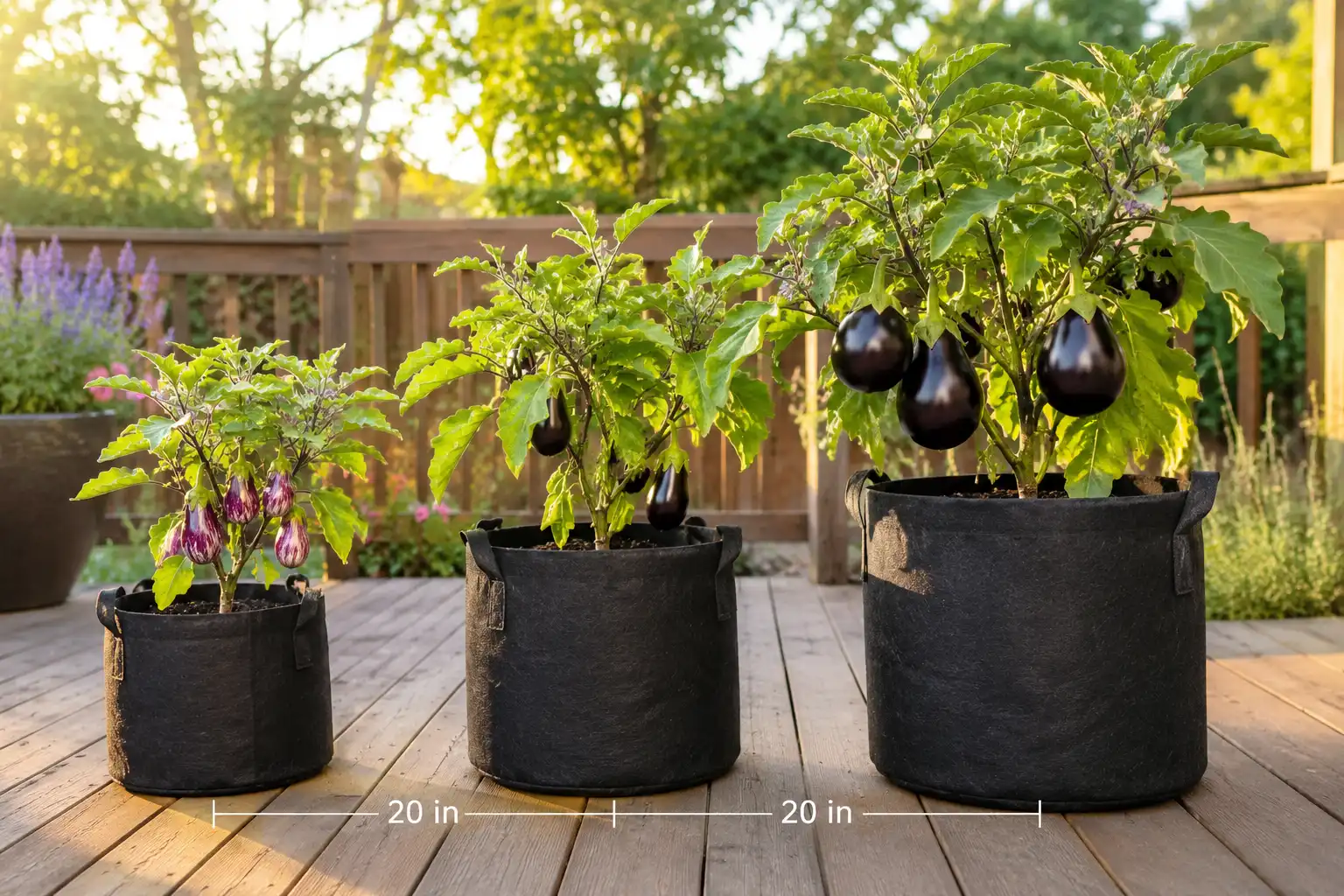 Three eggplant plants each grown in a separate grow bag, with containers spaced about 20 inches apart on a deck