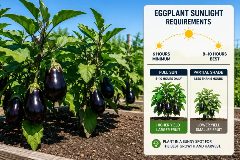Eggplant plants fruiting in full sun beside a chart showing six hours minimum and eight to ten hours of direct daily light for best yield